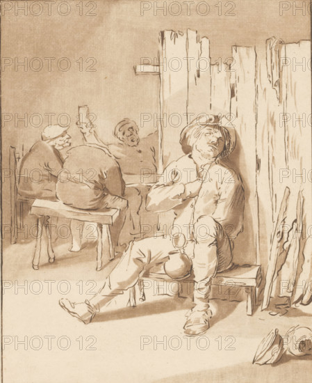Drunken farmer in a tavern, print, A farmer sits on a low bench in a tavern, with a jug in his hand. In the background, three men at a table. The print is loose in an album, see page 25., inscription: 'A. Brouwer del. 1635. CPloos van Amstel JC fecit 1775', printmaker: Bernhard Schreuder, after drawing by Adriaen Brouwer, supervision: Cornelis Ploos van Amstel (signed by artist), Amsterdam, 1775, paper, print drawing, etching, roulette, etching and roulette, printed in brown, height 193 mm x width 157 mm, inn, coffee-house, public house, drinking, jar, jug (used as drinking-vessel), A sepia-toned drawing shows a scene with several seated men and simple wooden furniture. In the foreground a man leans back against a rough vertical wooden plank, his head tilted and his eyes closed, one hand near his chest and the other resting on his lap, a jug placed by his knee and a hat on the ground nearby. He wears a loose shirt, worn trousers, and a floppy hat. To the left, a bench holds two other f...
