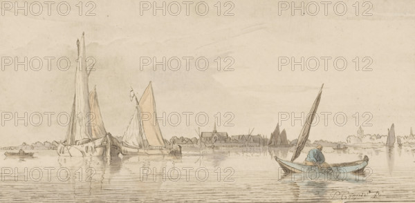 River view, print. Sailing ships are sailing on the water. On the horizon, a city with a church. The print is loose in an album, see page 24., inscription: 'P. Coops del. CPloos van Amstel JC Fecit. 1775', printmaker: Bernhard Schreuder, after drawing by Pieter Coopse, supervision: Cornelis Ploos van Amstel (signed by artist), Amsterdam, 1775, paper, print, etching, transfer, roulette, hand coloring, transfer and roulette, hand-colored in blue and brown, height 108 mm x width 221 mm, sailing-ship, sailing-boat, river, A wide, pale scene shows calm water with gentle horizontal ripples and reflections of boats. Several sailboats with tall masts and triangular sails are moored or drifting; some sails are shaded in a soft tan while others are left light. In the foreground a small rowboat with a dark sail has a person wearing a blue garment seated at the stern, leaning forward toward a bundle or coiled rope. Low, distant shoreline vegetation and a cluster of simple buildings with steeples a...