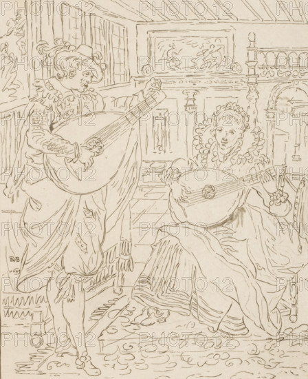 Gentleman and lady playing the lute, print, Interior with a man and a woman, both playing the lute. The print lies loose in an album, see page 22., printmaker: Bernhard Schreuder, after drawing by Karel van Mander (I), after drawing by David Vinckboons, supervision: Cornelis Ploos van Amstel, Amsterdam, 1772 - 1774, paper, print drawing, etching, roulette, etching and roulette, proof print, height 198 mm x width 172 mm, lute, and special forms of lute, e.g.: theorbo, interior of the house, A line drawing of an interior scene showing two figures playing stringed instruments; one standing figure on the left wears a hat with curls and a decorative collar and holds a large rounded instrument with detailed strings and a carved soundhole, while a seated figure on the right also holds a similar rounded instrument and wears an ornate ruffled collar and flowing garments. The room contains paneled walls, a framed relief or painting above a mantel, a turned bedpost or furniture post, a patterned ...