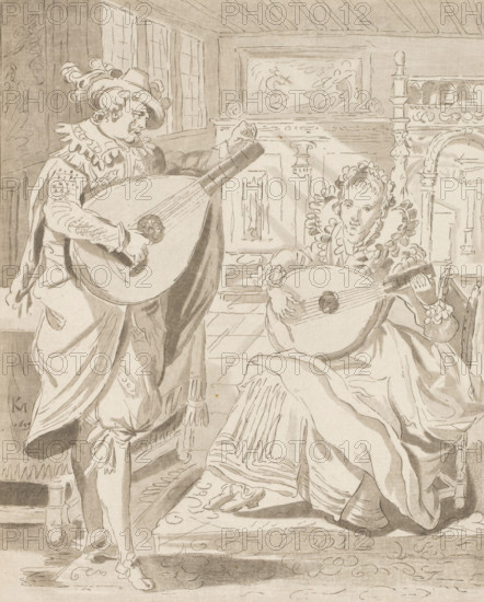 Gentleman and lady playing the lute, print, Interior with a man and a woman, both playing the lute. The print is loose in an album, see page 22., printmaker: Bernhard Schreuder, after drawing by Karel van Mander (I), supervision: Cornelis Ploos van Amstel, Amsterdam, 1772 - 1774, paper, print drawing, etching, roulette, hand coloring, etching and roulette, some gray tones applied with the brush, height 168 mm x width 135 mm, lute, and special forms of lute, eg: theorbo, interior of the house, A monochrome drawing shows two people in ornate period clothing playing stringed instruments that resemble lutes; one person is standing on the left wearing a plumed hat, a ruffled collar, a long cloak, and breeches while holding a large instrument across their body, and the other is seated on the right wearing a high ruffled collar and a voluminous gown while cradling a similar instrument. The interior setting includes paneled walls, a tall decorative bedpost or carved wooden structure behind the...