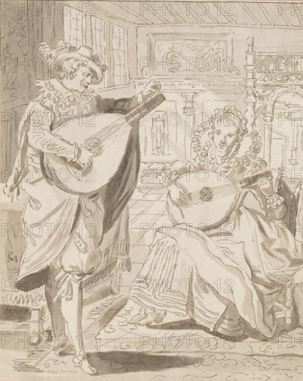 Gentleman and lady playing the lute, print, Interior with a man and a woman, both playing the lute. The print is loose in an album, see page 22., printmaker: Bernhard Schreuder, after drawing by Karel van Mander (I), supervision: Cornelis Ploos van Amstel, Amsterdam, 1772 - 1774, paper, print drawing, etching, roulette, hand coloring, etching and roulette, some gray tones applied with the brush, height 169 mm x width 136 mm, lute, and special forms of lute, eg: theorbo, interior of the house, A monochrome drawing shows two costumed figures in an interior setting; one stands on the left wearing a plumed hat, a ruffled collar, a long cloak, and fitted leggings, holding a large lute with one hand on the neck and the other near the soundhole, while the seated figure on the right wears an ornate ruffled neckline and full dress and also holds a lute across the lap with hands on the strings and neck; the room features a paneled wall with decorative carved details, tall windows, a carved bedpo...