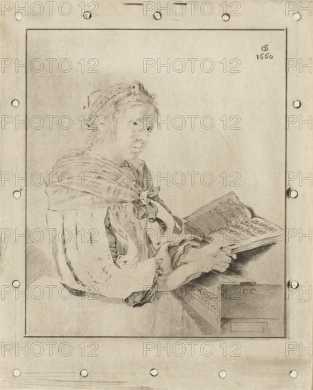 Piano player, print, A woman, dressed in a dress with slit sleeves, at the keyboard. Only the black plate. With sixteen register holes in the margins. The print lies loose in an album, see page 12., printmaker: Johannes Körnlein, after drawing by Jan de Bray (attributed to), after drawing by Gerrit Dou, supervision: Cornelis Ploos van Amstel, Amsterdam, 1767, Attributed to, paper, print drawing, etching, crayon manner, through-print, etching in crayon manner and through-print, proof print of the plate for the black part of the image, height 221 mm x width 176 mm, adult woman, keyboard instruments, A detailed pencil drawing of a seated young person shown from the torso up, turned slightly to the side and looking toward the viewer, wearing a loose garment with draped folds and a tied scarf at the shoulder, hair pulled back with loose curls, one hand resting on the open pages of a book while the other hand appears to turn a page, the book placed on a flat surface next to a box with visibl...
