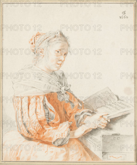 Piano player, print, A woman, dressed in a gown with slit sleeves, at the piano. The print lies loose in an album, see page 12., inscription: 'Gerrit Douw del. 1660. CPloos van Amstel. Fecit. 1767', printmaker: Johannes Körnlein, after drawing by Jan de Bray (attributed to), after drawing by Gerrit Dou, supervision: Cornelis Ploos van Amstel (signed by artist), Amsterdam, 1767, Attributed to, paper, etching, crayon manner, through-print, etching in crayon manner and through-print, printed from two plates, height 175 mm x width 146 mm, adult woman, keyboard instruments, A seated person shown from the waist up looks toward the viewer with a neutral expression, wearing a headscarf tied at the back and a loose draped garment with visible folds and stripes rendered in soft orange and gray tones, one hand resting near an open book while the other hand is extended above a small rectangular box with a hinged lid and visible interior compartments, all set against a plain light background with a...