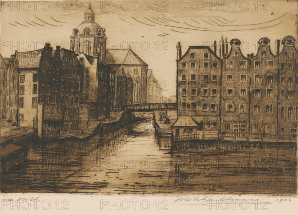 View of the Oudezijds Kolk and the St. Nicholas Church in Amsterdam, print, Seen from the Armbrug towards the Zeedijk., inscription: 'oz Kolk', inscription: 'aanw 1925', signature: 'R...schalk...', inscription: 'Schalkens', 1924, unknown, printmaker, paper, etching, intaglio printmaking technique, height 162 mm x width 247 mm, canals, waters (in city), bridge, building of church, Amsterdam, Oudezijds Kolk, Basilica of St. Nicholas, A sepia-toned etched cityscape showing rows of tall narrow buildings lining both sides of a canal, a bridge crossing the water, and a domed church tower rising behind the left bank; the buildings feature many small windows and varied rooflines, some with rounded gables, chimneys, and attic windows, while the canal reflects linear etching marks and a small structure with a pitched roof sits at the water’s edge on the right; the sky is sketched with curved strokes and the foreground includes textured shading and crosshatching to indicate water and waterfront s...