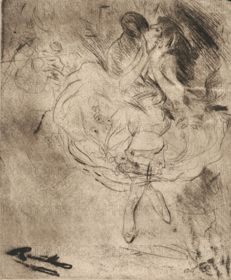 Dancing couple, print, The woman's skirt blows up while dancing., printmaker: Herman de Rouville de Meux (signed by artist), Netherlands, 1869 - 1939, Herman de Rouville de Meux, printmaker, paper, etching, intaglio printmaking technique, height 177 mm x width 146 mm, one pair dancing, man and woman dancing as a couple, A sepia-toned sketch with fine dark pencil and etching lines showing two figures in an embrace near the top right, one figure leaning back with hair flowing and the other close beside them, surrounded by swirling, sketchy lines and floral doodles; the central area contains curved lines suggesting clothing and rounded forms, with a visible leg and shoe extending downward toward the lower center; the background is textured with smudges, crosshatching, and faint sketch marks, and darker inked strokes appear near the bottom left and right edges.