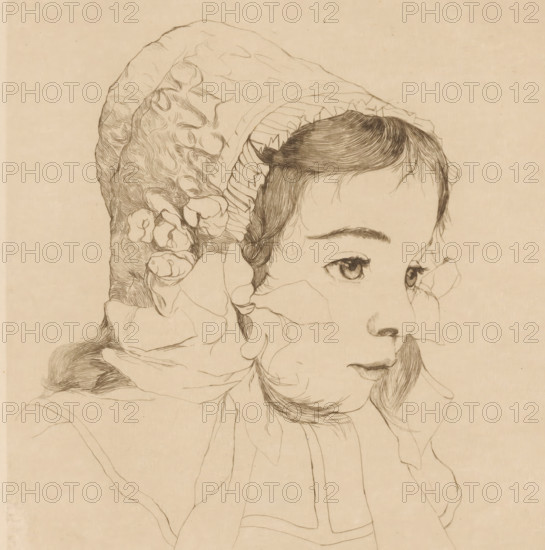 Portrait of an unknown girl, print, inscription: '96', printmaker: Frederik Salberg (signed by artist), 1907, paper, etching, height 237 mm x width 225 mm, anonymous historical person portrayed - BB - woman, A detailed pencil drawing of a young woman's face in profile and three-quarter view, showing a smooth forehead, arched eyebrow, large eye with defined lashes, straight nose, and slightly parted lips; her hair is dark, finely lined, and styled with a short fringe and soft waves that frame her cheek and chin, with an intricate braiding or wrapped section near the ear; she wears a voluminous bonnet or head covering with layered ruffles and textured, organic folds that extend down around her head and shoulder, rendered with delicate contour lines and shading on a light, slightly textured background.