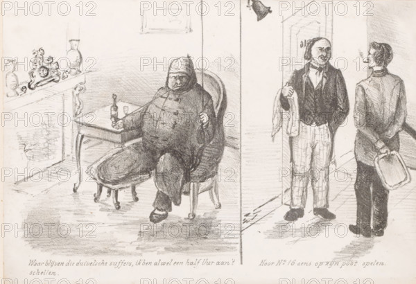 Angry wounded man rings the bell, Loose sketches, print, Two scenes on a sheet. A frustrated pipe-smoking man with a bandaged head and right leg sits at a table by a fireplace. He pulls a cord and rings the bell. Outside the door, two servants are discussing the angry man ringing the bell., printmaker: Jeremias Adriaan Adolf Schill, Netherlands, after design by J. van der Plas, 1864 - 1902, paper, lithography, height 175 mm x width 253 mm, Print is part of a series of eighteen., house personnel, servants, patient, sick person, Frustration, A charcoal drawing shows an interior scene with a large seated man wearing a coat and cap, reclining in a rounded chair and holding a bottle and a glass on a small table beside him, a mantel with vases and an ornate clock visible to his side, and two standing men near a doorway on the right, one facing forward in a jacket and patterned trousers holding a cloth or coat and the other seen from behind with a tray and a pipe in his mouth.