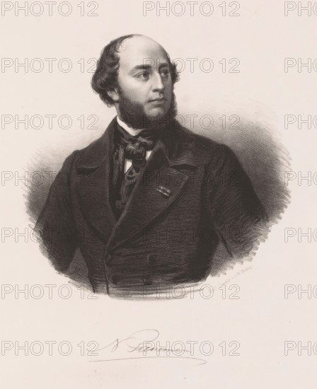 Portrait of Nicolaas Pieneman, print, Below the portrait the signature of the sitter., inscription: 'According to Weissenbruch - Drawn on stone by, H. Michael', printmaker: attributed to Hendrikus Michael, printer (person): Royal Dutch Stone Printing Company of CW Mieling, The Hague, 1847 - c. 1853, Royal Dutch Lithography of CW Mieling, printer (person), Attributed to, paper, chine collé, lithography, lithography on chine collé, height 305 mm x width 230 mm, Person, Nicolaas Pieneman, portrait, self-portrait of painter, historical persons ((full) bust portrait), A monochrome portrait of a man shown from the torso up wearing a dark double-breasted coat with wide lapels and a patterned cravat, his head turned slightly to one side and framed by short curly hair and sideburns, rendered with soft shading and textured pencil or charcoal strokes against a light background.