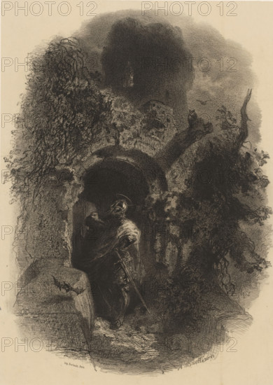 Man in armor knocks on door at night, print, signature: 'AM', printmaker: Adolphe Mouilleron (signed by artist), printer (person): Victor Jacques Bertauts, Paris, 1830 - 1880, printer (person), paper, chine collé, lithography, lithography with planing technique on chine collé, height 448 mm x width 313 mm, helmet, night, closed door, A dark, detailed charcoal scene showing a figure in armor standing near a stone archway surrounded by dense, tangled foliage and rocky formations, the armored figure holding a long sword and wearing a helmet with a plume, a cloaked shape or shadowed companion beside them, heavy shading creating deep contrasts and a large dark mass above the arch, roots and vines cascading over the stones, a small ledge extending toward the foreground and textured ground beneath the figure.