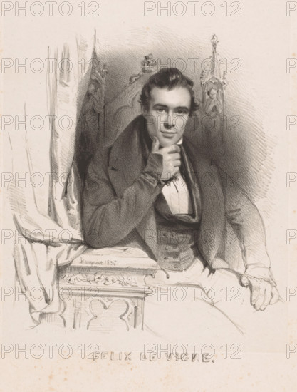 Felix de Vigne, Portrait of Félix De Vigne, print, printmaker: Charles Baugniet, 1836, paper, chine collé, lithography, height 314 mm x width 245 mm, Person, Félix De Vigne, historical persons, adult man, seating furniture, A seated man in a dark coat and waistcoat leans on an ornate armrest while resting his chin on his gloved hand, his face turned slightly forward with neatly styled hair; behind him is a high carved chair with decorative finials and draped fabric to the side, and a carved panel beneath his armrest; the drawing is executed in soft pencil or charcoal with shading around the figure and lighter sketch lines for the clothing and background.