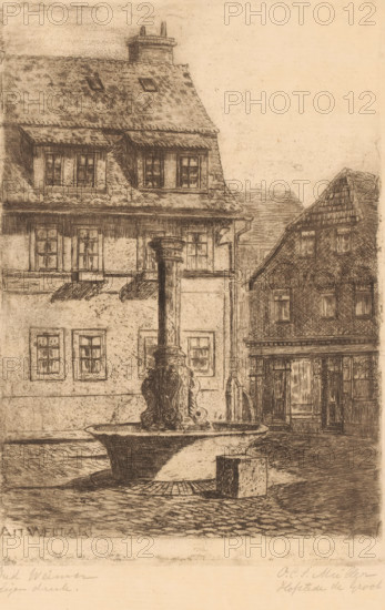 Alt Weimar, Cityscape with fountain in Weimar, print, printmaker: Octavia Cornelia Suzanna Hofstede de Groot (signed by artist), 1875 - c. 1940, printer (person), paper, etching, intaglio printmaking technique, etching with plate tone, self-printed, height 234 mm x width 161 mm, Date of death of artist unknown, therefore the dating of the object has been used for the determination of rights., city-view in general, 'veduta', ornamental fountain, Thuringia, Weimar, A sepia-toned etched scene showing a cobblestone square with a large ornamental fountain in the foreground, featuring a rounded basin and a tall central column with carved decorative elements; a small rectangular block sits beside the fountain. Behind the fountain are two adjacent multi-story buildings with steeply pitched, shingled roofs and multiple window openings, some with small awnings; one building has dormer windows and a chimney, the other shows a darker façade and a recessed doorway beneath a cornice. The image has a...
