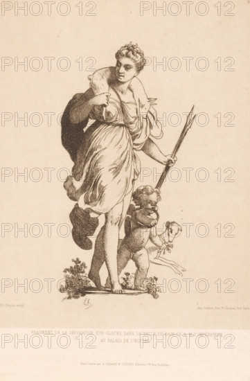 Diana after the hunt, Fragment of the decoration on Ice in the Bathing Room of S.M. L'impératrice at the Palace of the Elysée, Modern Waters: Originals and Unpublished, print, Numbered top right: 89., printmaker: Charles Chaplin, France, printer (person): Auguste Delâtre, Paris, publisher: Cadart & Luquet, 1864, Charles Chaplin, Auguste Delâtre, Cadart & Luquet, printmaker, printer (person), publisher, paper, etching, intaglio printmaking technique, height 290 mm x width 219 mm, Part of the second volume of a series of prints by the Société des Aquafortistes from 1864. The series consists of sixty prints by various artists., cupids: 'amores', 'amoretti', 'putti', Diana hunting, A sepia-toned etched image of a standing woman in a flowing draped dress, facing slightly to the side, with one arm raised to hold a cloak over her shoulder and the other hand grasping a long staff with a pointed tip; a small child-like figure beside her holds onto the staff and reaches toward a small dog at its...