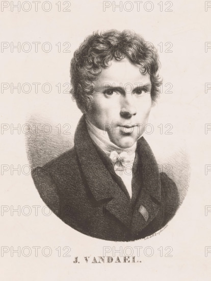 Portrait of the artist Jan-Frans van Dael, J. Vandael, print, printer (person): Gottfried Engelmann, Paris, 1816 - 1839, printmaker, printer (person), paper, lithography, lithografie, height 284 mm x width 215 mm, Person, Jan Frans van Dael, historical persons, A monochrome portrait of a man shown from the chest upward, wearing a dark coat with wide lapels and a high white collar with a tied cravat, his face rendered with fine shading and short curly hair framing his forehead and temples, his eyes looking forward with a composed expression, a softly shaded background around his shoulders and head, the image set against a light paper surface.