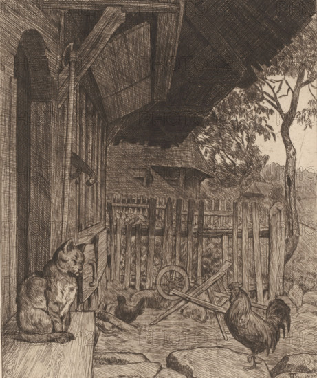 Cat and rooster in front of a house, print, printmaker: Hans Thoma, Karlsruhe (possibly), 1901, Baden-Württemberg, paper, etching, intaglio printmaking technique, height 300 mm x width 245 mm, fowl (cock, hen, chicken, etc.), cat, A detailed pen-and-ink scene shows a wooden porch and yard with a cat sitting on a bench to the left and a rooster standing on the ground to the right, a hen nearby, a wooden wheelbarrow tipped over with a broken wheel, a picket fence and gate in the midground, a tree with foliage rising on the right edge, slatted siding and structural beams of a building above casting shadowed crosshatch patterns, a stone path and scattered boards on the ground, and dense crosshatched shading throughout defining texture and depth.