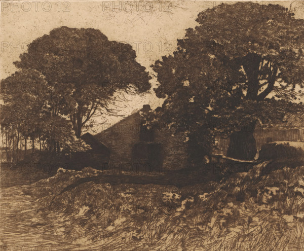 Farm in Dekkersduin (original title), Landscape with farm, print, annotation: 'No. 51', printmaker: Willem de Zwart (signed by artist), c. 1885, paper, etching, intaglio printmaking technique, retroussage, height 264 mm x width 317 mm, farm or solitary house in landscape, The Hague, Dekkersduin, A sepia-toned etching showing dense, textured tree canopies framing a central darker structure with a pitched roof and a small doorway obscured by shadow, rough ground in the foreground marked by crosshatched lines and grassy textures, clusters of foliage and trunks on both sides, a fence or railing partially visible near the right edge, and a mottled, speckled sky above.