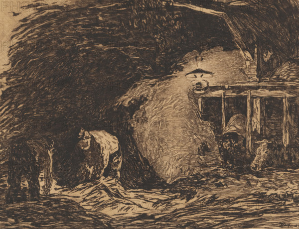Stable interior by lamplight, print, annotation: '51', printmaker: Willem de Zwart (signed by artist), 1872 - 1931, paper, etching, drypoint, intaglio printmaking technique, height 252 mm x width 320 mm, farmers, cow, barn - AA - civic architecture: inside, A densely hatched monochrome drawing shows a large central figure seated and wrapped in textured lines, surrounded by smaller figures with bowed postures and detailed facial features, all rendered with dark crosshatching on a lighter background; a lamp with a rounded shade sits near the central figure casting lighter tones, while a wooden railing and structural beams appear behind and to the side, and thick, sweeping strokes create a backdrop of foliage or fur-like texture that fills much of the upper area.