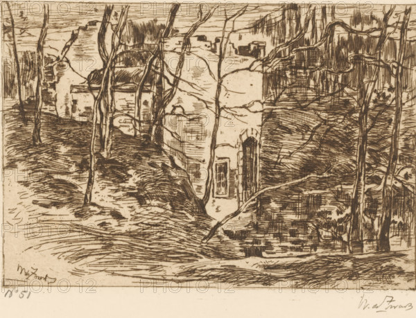 Ruins, pond on the right (Lage Vuursche) (original title), Ruins in a forest, by a pond, print, printmaker: Willem de Zwart (signed by artist), c. 1896, paper, etching, intaglio printmaking technique, height 125 mm x width 179 mm, forest, wood, landscape with ruins, pond, pool, Lage Vuursche, A sepia-toned etching showing a landscape with irregular rock formations and winding tree trunks and branches, dense crosshatching suggesting textured ground and foliage, a vertical narrow dark opening set into one rock face, layered horizontal strokes indicating distant terrain, and tangled curving lines forming trunks and roots throughout the scene.