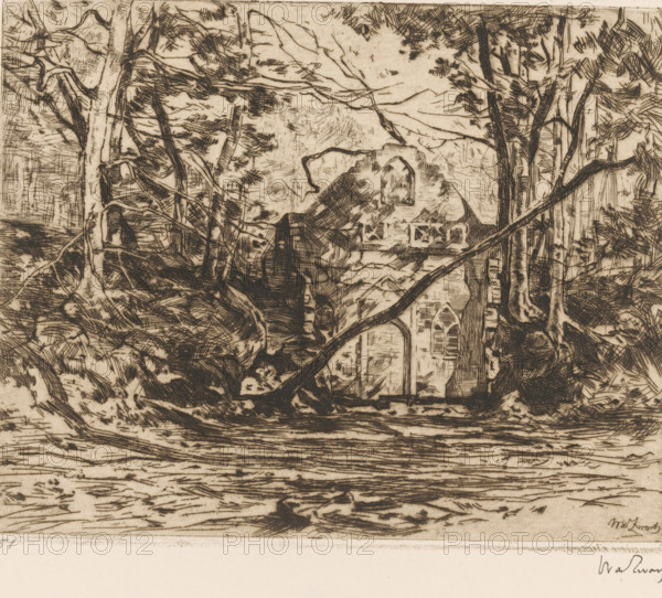 Ruins in a forest, Ruins with uprooted tree (Lage Vuursche) (original title), print, printmaker: Willem de Zwart, c. 1896, paper, etching, intaglio printmaking technique, height 158 mm x width 199 mm, forest, wood, landscape with ruins, An etched landscape showing dense, intricately crosshatched trees with twisting trunks and branches framing a ruined stone building that features tall arched openings and a broken wall, all rendered in dark lines on a light, textured background with layered marks suggesting foliage and ground patterns.