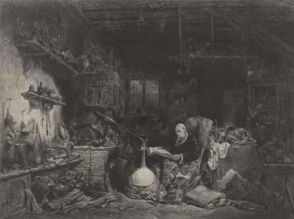 Alchemist in his workshop, L'alchimiste, Ancient and contemporary artists, Les artistes anciens et moderns, print, Series number, 53, 240, printmaker: Célestin François Nanteuil, after painting by Eugène Isabey, printer (person): Victor Jacques Bertauts, Paris, 1848 - 1862, Célestin François Nanteuil, Eugène Isabey, Victor Jacques Bertauts, printmaker, after painting by, printer (person), paper, chine collé, lithography, lithography with planing technique on chine collé, height 307 mm x width 401 mm, alchemist at work, workshop, A dimly lit interior filled with shelves, tables, and hanging objects; a seated older person wearing a cap holds a large open book while sitting in a high-backed chair; a large round flask and a tall glass tube sit on a table in front of the chair amid scattered bottles and cloths; numerous tools, vessels, and utensils are arranged on wall-mounted shelves and counters along the left side; piled fabrics, jars, and assorted small items cover the surfaces in the f...