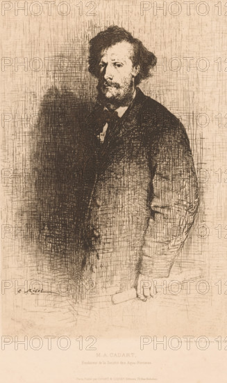Portrait of Alfred Cadart, MA Cadart, Fondateur de la Société des Aqua-Fortistes, print, Numbered top right: 99., printmaker: Théodule Augustin Ribot, printer (person): Delâtre, Paris, publisher: Cadart & Luquet, 1860 - 1872, printer (person), paper, etching, intaglio printmaking technique, height 318 mm x width 240 mm, Person, Alfred Cadart, historical persons, portrait, self-portrait of artist, A sepia-toned etching of a bearded man shown from the thighs up, facing slightly left with his head turned toward the viewer, wearing a dark jacket and scarf, his hair tousled and a hand resting on a rolled object; the background is filled with crosshatched lines and shading, and the lower portion of the image shows a lighter blank area beneath the figure.
