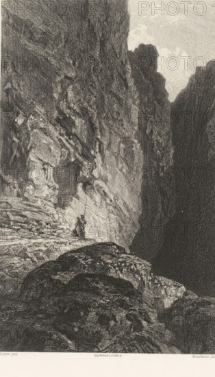 Les rochers, Cave entrance with sentry, Les artistes anciens et moderns, Ancient and contemporary artists, print, Beraldi 2, printmaker: Adolphe Mouilleron, after painting by Adrien Guignet, printer (person): Victor Jacques Bertauts, Paris, 1851 - 1862, printer (person), paper, chine collé, lithography, lithography with planing technique on chine collé, height 442 mm x width 306 mm, Series title based on later condition. This print series consists of 240 prints, the later state of this print is number 203., rocks, guard duty, keeping sentry, cave, grotto, A monochrome drawing showing a narrow rocky canyon with steep textured cliff faces on both sides, a lighter rock wall on the left and a darker, shadowed wall on the right, rugged foreground rocks leading into the canyon, and a small human figure standing near the base of the left cliff holding a long vertical pole.