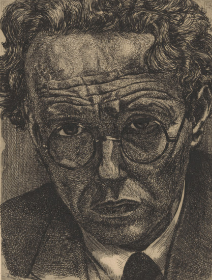 Self-portrait, print, A self-portrait of Arend Hendriks with glasses., printmaker: Arend Hendriks (signed by artist), 1911 - 1941, printer (person), paper, etching, intaglio printmaking technique, height 200 mm x width 150 mm, Person, portrait, self-portrait of artist, eyeglasses, spectacles, A close-up black and white ink drawing of an older man’s face and upper torso showing detailed crosshatching and line work. The man has wavy hair swept back from his forehead, deep horizontal wrinkles across his brow, and round spectacles perched over his eyes. His eyes are partially open with shaded eyelids and shadows beneath them. The nose is long and sharply defined by dense lines, and the mouth is set in a straight expression with pronounced lines around it. The man wears a collared shirt and a dark tie beneath a textured jacket. The overall image emphasizes fine, dense strokes and contrast between light and shadow.