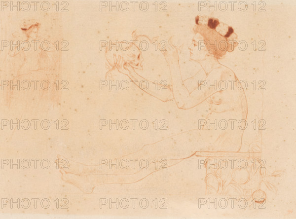 Naked woman looking at a skull in her hand, print, printmaker: Armand Rassenfosse, 1895, paper, etching, drypoint, roulette, intaglio printmaking technique, roulette and plate tone in reddish brown, height 220 mm x width 301 mm, death's head, skull (symbol of Death), the (nude) human figure, 'Corpo humano' (Ripa) - AA - female human figure, (human) skull, A sepia-toned drawing on aged paper shows a seated nude woman in profile facing left, with hair piled and adorned with dark flower-like shapes; she holds a skull in one hand and reaches toward it with the other, her arms extended and detailed with fine linework; her torso, breasts, and long legs are sketched with delicate crosshatching, her feet resting horizontally; near her is an ornate rectangular support with swirling decorative motifs; in the upper left a faint sketch of another figure with a hat and draped clothing appears, and the background is speckled with small age spots and subtle paper texture.