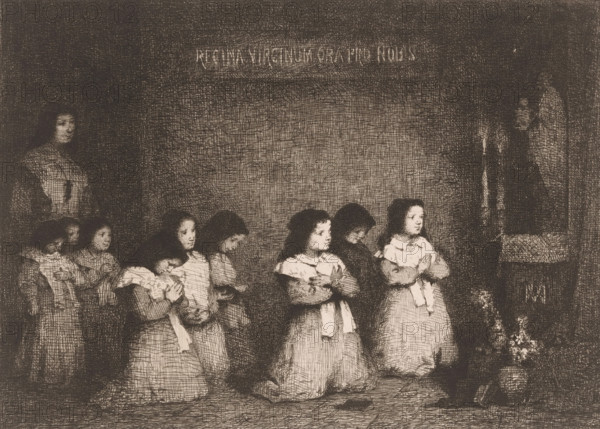 The Prayer, Group of girls in prayer before a statue of the Virgin Mary, Eaux-Fortes Modernes: Originales et Inédites, print, Series number, 5, 60, printmaker: Théodule Augustin Ribot, printer (person): Delâtre, Paris, publisher: Cadart & F. Chevalier, A., 1862, printer (person), paper, etching, intaglio printmaking technique, height 237 mm x width 315 mm, Part of the first volume of a series of prints by the Société des Aquafortistes from 1862. Plate 5., (public) prayer, nun(s), A group of girls wearing dresses and shawls kneel and stand in a dim interior, their hands clasped in front of them and heads bowed or turned slightly to the side; to the right a tall figure stands beside a table holding a candlestick and vase of flowers, while a woman stands at the left partially in shadow observing the group.