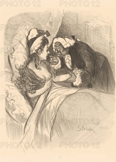 Dame Jacinthe (original title), Madame Jacinthe, print, printmaker: Théophile Alexandre Steinlen, printer (person): Delanchy & Co, Paris, publisher: Henri Heugel, 1900, printer (person), paper, lithography, height 350 mm x width 275 mm, nursing, tending the sick, patient, sick person, A charcoal drawing of two figures on a bed, one appearing younger and reclining with a headband and ruffled clothing, the other leaning over wearing round glasses and a head covering, their hands touching and faces close together, with rumpled bedding and pillows around them and soft shading filling the background.