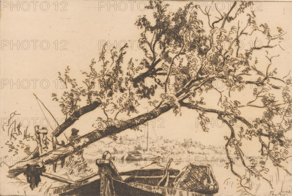 Landscape with fallen tree, boats and fisherman, Slanted tree and Eudia (original title), print, printmaker: Willem Bastiaan Tholen (signed by artist), 1905, paper, etching, intaglio printmaking technique, height 163 mm x width 246 mm, sailing-ship, sailing-boat, fisherman, A sepia-toned etching shows a riverside scene with a large overhanging tree branch crossing the image and detailed clusters of leaves and smaller twigs, a wooden boat moored at the bank with visible planks and a woven or textured cover inside, a simple wooden post and railing near the boat, and distant masts and small boats on calm water beyond, all rendered in fine dark lines on a pale background.