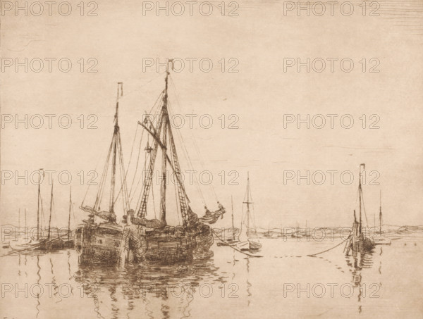 Harbour, Norderney (original title), Harbour with moored two-masted ship, print, printmaker: Willem Bastiaan Tholen, 1870 - 1914, paper, etching, intaglio printmaking technique, height 199 mm x width 242 mm, sailing-ship, sailing-boat, Lower Saxony, Aurich, A sepia-toned sketch showing several sailing vessels moored on calm water, with tall masts, rigging lines, and folded sails; the foreground features larger boats with detailed hull textures and reflections in the water, while smaller boats and thin masts appear farther back toward a low, distant shoreline; the sky area is mostly empty with faint horizontal sketch lines.