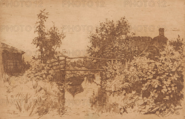 Bridge over a canal in a landscape with trees, houses, and shrubbery, Giethoorn (original title), print, printmaker: Willem Bastiaan Tholen (signed by artist), 1870 - 1914, paper, etching, drypoint, intaglio printmaking technique, etching and drypoint with plate tone, printed in brown, height 145 mm x width 216 mm, rural housing, eg country-house, villa, cottage, bridge, small canal, ditch, A sepia-toned etching shows a rural scene with a narrow stream running toward the foreground, flanked by dense foliage and clusters of rounded flowers on the right; a simple wooden footbridge spans the water near the middle, reflected faintly in the surface below; a slender tree and taller shrubbery rise behind the bridge, and a low thatched building with a chimney is visible beyond the foliage on the right while another darkened structure appears at the left edge; the ground on either side of the stream is marked with grassy strokes and scattered plants, and the sky is left largely unmarked.