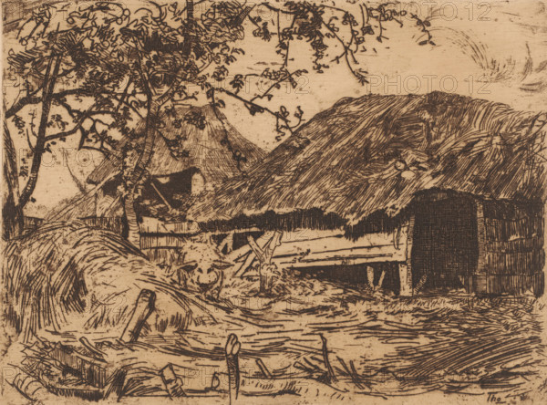 Pigsty (original title), Pigsty at farm, print, printmaker: Willem Bastiaan Tholen (signed by artist), 1870 - 1931, paper, etching, intaglio printmaking technique, height 178 mm x width 240 mm, farm (building), pig, shed, A sepia-toned etching showing a rural scene with thatched roofs and a wooden fence partially obscured by overhanging tree branches and leafy vines, textured hills rising behind the huts, rough ground in the foreground with scattered sticks and tufts of grass, a wooden cart or bench near the fence, and dense crosshatched shading and linear marks defining the forms and sky.
