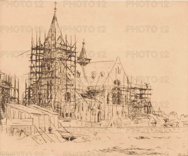 Church under construction (original title), print, printmaker: Willem Bastiaan Tholen (signed by artist), 1870 - 1914, paper, etching, intaglio printmaking technique, height 163 mm x width 200 mm, building-site, church (exterior), A sepia-toned sketch of a large building with pointed towers and steep roofs, the tallest spire surrounded by scaffolding made of thin vertical and horizontal lines, additional scaffolding visible around other sections of the structure, the façade detailed with arched openings and small dormer windows, foreground elements that resemble temporary structures and scattered construction materials, a body of water or empty space at the bottom with faint horizontal marks, and a largely empty sky above.