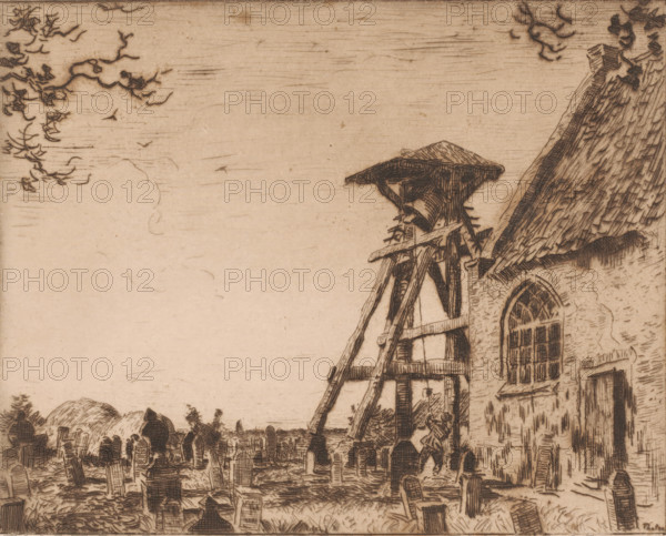 Church with churchyard and bell tower, Churchyard with bell tower, Giethoorn (original title), print, printmaker: Willem Bastiaan Tholen, 1870 - 1908, paper, etching, intaglio printmaking technique, height 167 mm x width 210 mm, churchyard, cemetery, church (exterior), church bell, A sepia-toned etched scene shows the right portion of a stone building with a steep thatched roof and an arched window with a lattice pattern, next to a tall wooden bell tower structure with a pitched roof and visible beams and supports, a ladder-like framework leaning against it, and a bell hanging beneath the small roof; the foreground displays an expanse of graves with a variety of upright and leaning headstones scattered across uneven ground, while the sky above is mostly empty with faint horizontal etched lines and a few stylized cloud or foliage shapes near the upper corners.