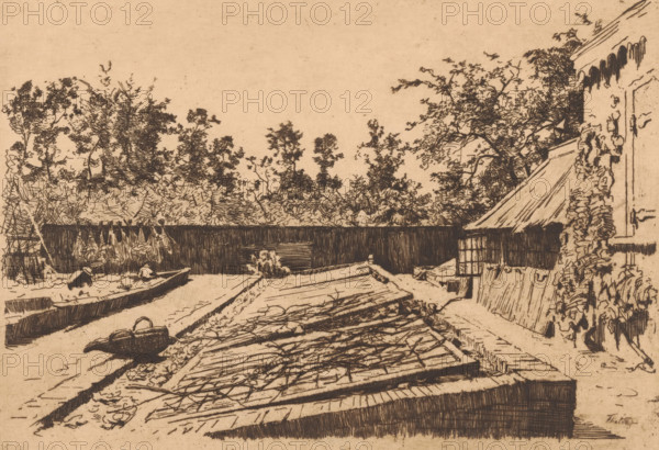 Greenhouse frames, Ewijkshoeve (original title), Vegetable garden at Ewijkshoeve, print, printmaker: Willem Bastiaan Tholen, 1870 - 1931, paper, etching, drypoint, intaglio printmaking technique, height 179 mm x width 260 mm, garden, backyard, vegetables, Den Dolder, A sepia-toned ink drawing showing a riverside scene with a long narrow boat in the water near the left edge, two figures seated in the boat wearing hats, a low wooden dock or platform extending into the foreground with stacked planks and scattered twigs, a small woven basket or bag on the ground near the water, a dark wooden fence running across the middle distance, dense trees and foliage rising behind the fence, a building with a sloped roof and a latticed window on the right, climbing plants along the building's wall, and a clear pale sky above.
