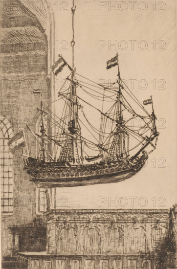 Ship model in the Great Church, in Blokzijl, Ship in church (original title), print, printmaker: Willem Bastiaan Tholen, 1870 - 1914, paper, etching, intaglio printmaking technique, height 233 mm x width 153 mm, interior of church, ship-model, Blokzijl, A detailed line drawing of a sailing ship suspended indoors by ropes, showing multiple masts with yards, rigging, and small flags at mast tops, with intricately drawn hull decorations and stern features; the ship hangs against a background of architectural elements including tall arched windows, stone walls with crosshatch shading, and an ornate balcony or gallery with carved panels beneath the ship.