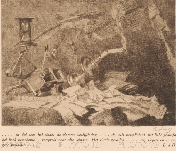 End (original title), Still life with falling and broken objects, print, With caption., printmaker: Willem Bastiaan Tholen (signed by artist), 1870 - 1931, paper, etching, intaglio printmaking technique, height 174 mm x width 235 mm, 'Vanitas' still life, still life of miscellaneous objects, breaking something (household accident), A detailed monochrome etching shows a cluttered tabletop scene with scattered torn sheets of paper in the foreground, a toppled candlestick with a lit, twisting flame, and an overturned book among other scattered objects. To the left there is an hourglass mounted on a stand and various broken wooden tools and fragments. The background is densely crosshatched, creating a dark textured backdrop that contrasts with the lighter surfaces of the papers and objects.