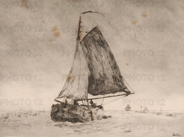 Sailing barge (original title), Sailing ship, print, printmaker: Willem Bastiaan Tholen, 1870 - 1931, paper, etching, intaglio printmaking technique, height 184 mm x width 242 mm, sailing-ship, sailing-boat, A detailed ink drawing of a sailboat seen from behind on calm water, with a large dark sail and a lighter sail overlapping it, a wooden hull with visible planks and rigging, a small figure seated near the stern, subtle waves in the foreground, faint distant sailboats on the horizon, and a textured, slightly stained paper background.