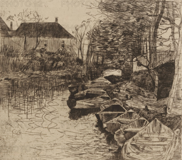 Canal with rowing boats, Boat rental 'Roeilust' (Loosduinse vaart) (original title), print, printmaker: Willem de Zwart (signed by artist), c. 1890 - c. 1891, paper, Japanese paper (handmade paper), etching, intaglio printmaking technique, height 231 mm x width 265 mm, rowing-boat, canoe, canal, The Hague, Loosduinen, A sepia-toned line drawing depicts a narrow waterway bordered by a row of small wooden boats tied up along a muddy bank, the boats rendered with crosshatched and parallel lines showing interior planks and curved hulls; tall reeds and grasses rise from the water’s edge with vertical and wavy strokes reflected in the rippling water; on the far side a building with a steep roof and small windows sits behind dense shrubbery and bare slender trees, the roof shaded with closely packed lines; to the right a cluster of tall trees and thicker trunks creates a textured mass of foliage and branches, while a wooden fence and stone embankment run along the shore, and the sky above is ...