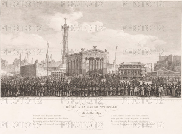 Inauguration of the Colonne de Juillet in Paris, print, printmaker: Charles-François Daubigny, France, printmaker: Trimolet, writer (clerical worker): Pierre-Jean de Béranger, publisher: unknown, Paris, 1840 - 1866, writer (clerical worker), paper, etching, engraving, height 260 mm x width 393 mm, This print is dedicated to the National Guard., public festivities, Period, 1840-07-28, A wide engraved scene showing a large crowd of uniformed soldiers standing in formation in front of an ornate classical structure with tall columns and a triangular pediment, beside a tall column topped by a statue, with flags and masts rising behind; a decorated carriage on large wheels is positioned near the structure, and numerous onlookers and figures in period dress gather at the front and sides; buildings and a cityscape form the distant background under a sky with clouds.