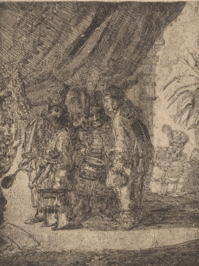 Persian physicians examine the bowel movements of King Darius, Iston, Pouffamatus, Cracozie et Transmouff, célèbres médecins persans examinent les selles du roi Darius after the bataille d'Arbelles, print, Cracozie en Transmouffe, Persian physicians, examining Darius' bowel movements after the battle of Arabela., printmaker: James Ensor, 1886, paper, etching, intaglio printmaking technique, etching with plate tone, height 246 mm x width 195 mm, physician, doctor, defecation, (story of) Darius, king of Persia, A detailed pen-and-ink scene showing a group of figures clustered under a heavy drapery, with ornate textures and crosshatched shading; several figures wear elaborate, curly wigs and layered garments, some holding rounded hats or small containers, while one figure at the left edge holds a spoonlike object; the drapery above swings in diagonal folds and a decorated pillar with carved elements appears at the right, next to foliage and a partially visible seated figure on a stone led...