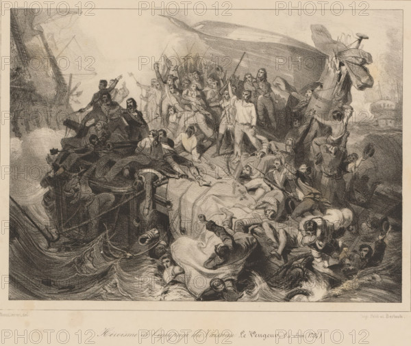 Héroisme de l'équipage du vaisseau Le Vengeur, (4 June 1794), Crew on the sinking ship Vengeur du Peuple, print, printmaker: Adolphe Mouilleron, after painting by Félix Louis Leullier, printer (person): Petit & Bertauts, Paris, publisher: Challamel & Cie., 1841, Adolphe Mouilleron, Félix Louis Leullier, Petit & Bertauts, Challamel & Cie., printmaker, after painting by, printer (person), publisher, paper, lithography, lithography with planing technique, height 225 mm x width 297 mm, Print used in: Ténint, Wilhelm. Album du Salon de 1841. Collection des principaux ouvrages exposés au Louvre (…). Paris: Augustin Challamel, 1841., crew, ship, shipping accident, sickness and death at sea, Period, 1794-06-04, A crowded scene on a ship deck rendered in dark pencil tones showing many people in various poses, some standing and gesturing with arms raised, others kneeling or lying down on the deck, with ropes, sails, and ship structures visible around them; waves and churning water appear at the ...