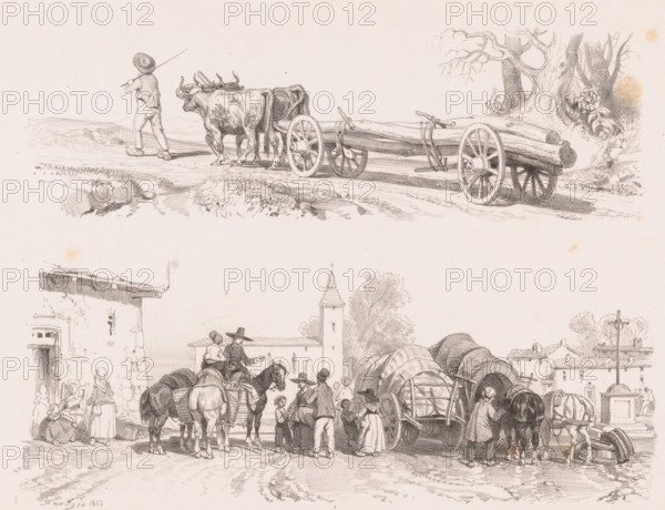 Two oxen transport logs and village square with covered wagons, horses, and figures, Examples of figure studies for landscape artists, Etudes Progressives de Figures Pittoresques à l'usage des Paysagistes, par Férogio, print, Series number, 46, Print is part of a cover with five prints., printmaker: Fortuné Férogio, printer (person): Auguste Bry, Paris, publisher: Gihaut frères, 1839 - 1845, Fortuné Férogio, Auguste Bry, Gihaut frères, printmaker, printer (person), publisher, paper, lithography, lithografie, height 289 mm x width 417 mm, covered wagon, hooded wagon, ox, four-wheeled vehicle drawn by two animals, village square, trees (stem, trunk), A wide pencil drawing shows two oxen harnessed to a long wooden cart being led by a man wearing a hat and holding a stick, the cart wheel visible and rough ground beneath; nearby a cluster of people and horses gather around several covered wagons and carts, with figures conversing and tending animals, some wearing brimmed hats and long garme...