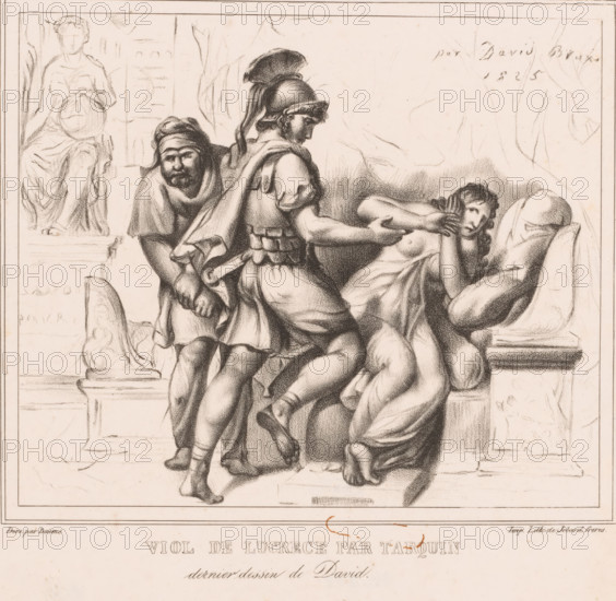 Sextus Tarquinius and Lucretia, Viol de Lucrece par Tarquin, print, Sextus Tarquinius is about to rape Lucretia., check stamp, printmaker: Ferdinand Daems, after design by Jacques-Louis David, printer (person): Jobard frères, Brussels, 1825, printer (person), paper, lithography, height 280 mm x width 341 mm, bedroom, nude with covered genitals - AA - female human figure, suffering, misfortune of Lucretia, A detailed pencil or charcoal drawing shows a central figure wearing a helmet with a plume and classical armor, seen from the side with one arm reaching toward a partly draped reclining woman whose hands are raised to her face and whose expression appears distressed; beside the armored figure another man with a beard and head covering leans forward, gripping fabric at his waist; a seated statue of a robed female figure holding a circular object is visible in the background on the left, and architectural elements such as a pedestal, column bases, and carved decorative motifs frame the ...