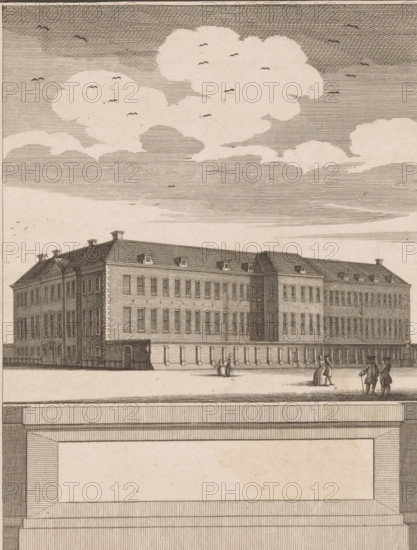View of the New Workhouse in Amsterdam, print, printmaker, publisher, paper, etching, proof, height 179 mm x width 135 mm, civic architecture, edifices, dwellings, Amsterdam, Spin- and New Workhouse, A wide, rectangular building with a pitched roof and multiple chimneys stretches across the scene, its façade rendered in fine linework with rows of uniformly spaced windows and a central raised section; small groups of people in period clothing stand or walk in front of the building on a broad open area; above, a sky filled with layered, hatched clouds and scattered small birds occupies the upper portion of the image; below the building, a large framed blank rectangular panel bordered by dense hatching fills the lower area.