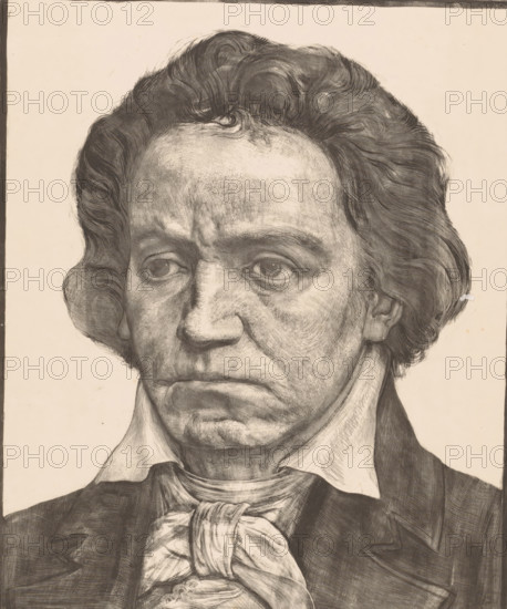 Beethoven, Portrait of Ludwig van Beethoven, print, inscription: 'grijs', printmaker: Antoon Derkinderen, 1902, paper, lithography, lithografie, proof print, height 646 mm x width 430 mm, Person, Ludwig van Beethoven, portrait of composer, A close-up drawing of an older man from the forehead down to the upper chest, rendered in detailed pencil or charcoal with visible shading lines and crosshatching, showing wavy hair framing the forehead and temples, deep-set eyes with furrowed brows, pronounced nasolabial folds and a downturned mouth, textured skin with fine wrinkles and stubble, a high collar and a tied cravat at the neck, and a dark coat with visible lapels against a plain light background.