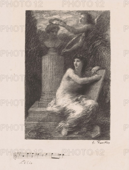 Music and Fame honor Hector Berlioz at his bust, Lélio, À Berlioz, print, printmaker: Henri Fantin-Latour, France, printer (person): Lemercier & Cie., Paris, 1895, printer (person), paper, Japanese paper (handmade paper), chalk lithograph, height 349 mm x width 263 mm, Print used for: L'Artiste, February 1895., Person, Hector Berlioz, historical persons, 'Musica', symbolic representations, allegories and emblems, music, 'Musica'(Ripa), monument, statue, garland, wreath, Fame, 'Fama', 'Fama buona', 'Fama chiara' (Ripa) (personification), commemoration of an artist, A vertical monochrome sketch within a pale border shows a seated woman draped in a flowing, light-colored garment, leaning sideways against a large stone slab while resting one arm on its top and gazing upward. Behind her, a pedestal supports a sculpted bust partially obscured by shadow. Above and to the right, another figure with outstretched arms reaches toward the bust, creating a diagonal composition. The background is de...