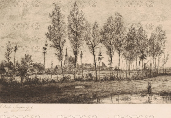 View of Meerle with a row of trees and water in the foreground, print, printmaker: Emilie Rolin-Jacquemijns (signed by artist), 1873, paper, etching, intaglio printmaking technique, height 172 mm x width 273 mm, church (exterior), village, water course (landscape with figures, staffage), Antwerp, Meerle, A wide landscape sketch in sepia tones shows a row of tall, slender trees in the middle ground, their bare trunks and delicate branches rendered with fine lines, with a cluster of buildings including a church with a tall steeple visible behind and between the trees, and a windmill peeking out among more trees to the right; low vegetation and bushes stretch across the foreground with a shallow body of water reflecting some grass, and a solitary figure in simple clothing stands near the right foreground, while the sky above is filled with soft, textured cloud marks.