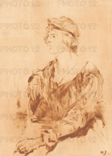 Sitting woman (original title), print, printmaker: Willem de Zwart, c. 1915 - c. 1916, paper, drypoint, intaglio printmaking technique, drypoint and plate tone, printed in brown, height 216 mm x width 162 mm, historical persons, adult woman, A sepia-toned sketch of a seated person in profile facing left, with short, tousled hair held back by a narrow band, a visible ear, and a defined nose and lips; the figure wears a loose, draped garment with broad, textured strokes indicating folds and shadows across the shoulders and chest, one arm bent with a hand resting near the torso and the other hand partially visible lower down; the background is plain with subtle vertical and horizontal texture and faint sketch marks scattered around the figure.